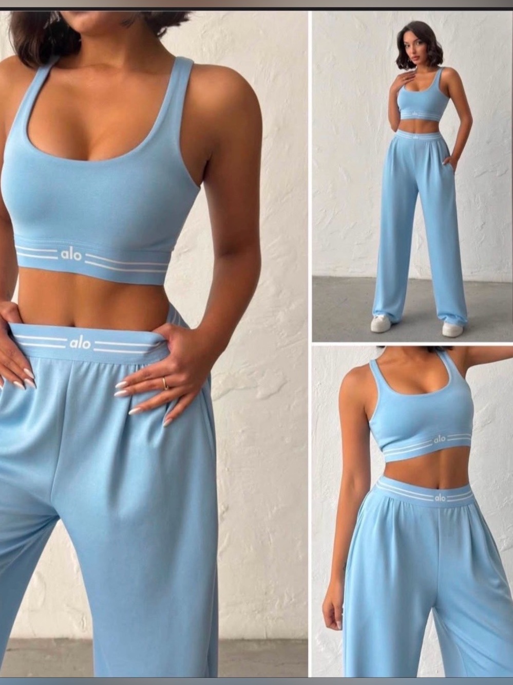 ALO Yoga Light Blue Scoop Sports Bra and Wide-Leg Lounge Pants